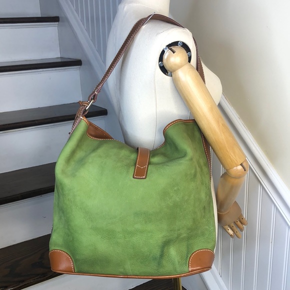 VINTAGE DOONEY BOURKE Hobo Brown Shoulder Strap Green Suede Bag with Pin Lock - Picture 4 of 17